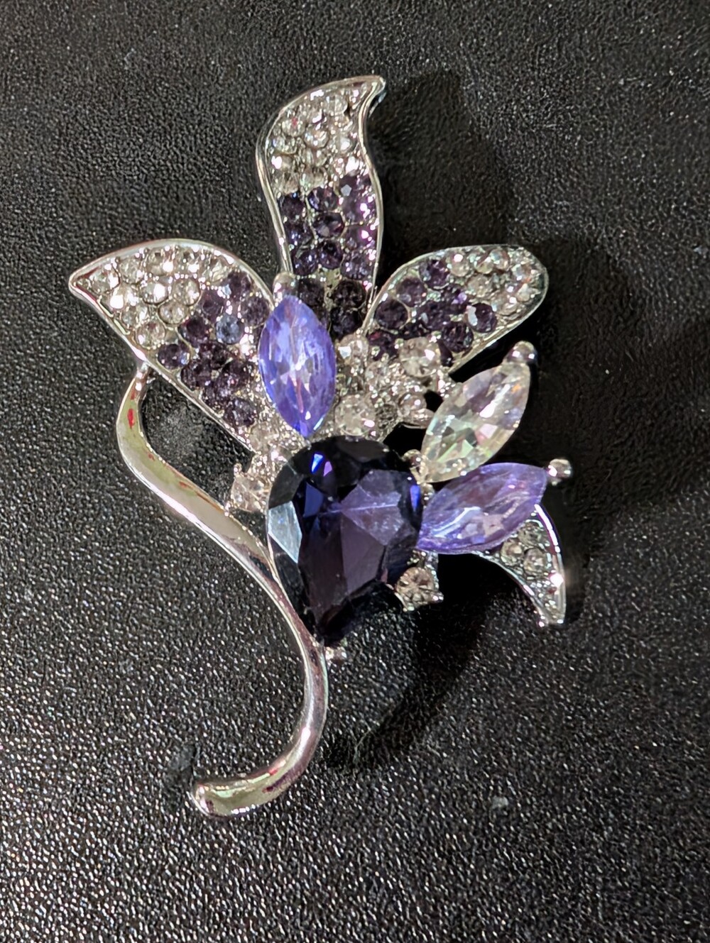 Purple Crystal Flower Brooch Rhinestone Floral Statement Pin